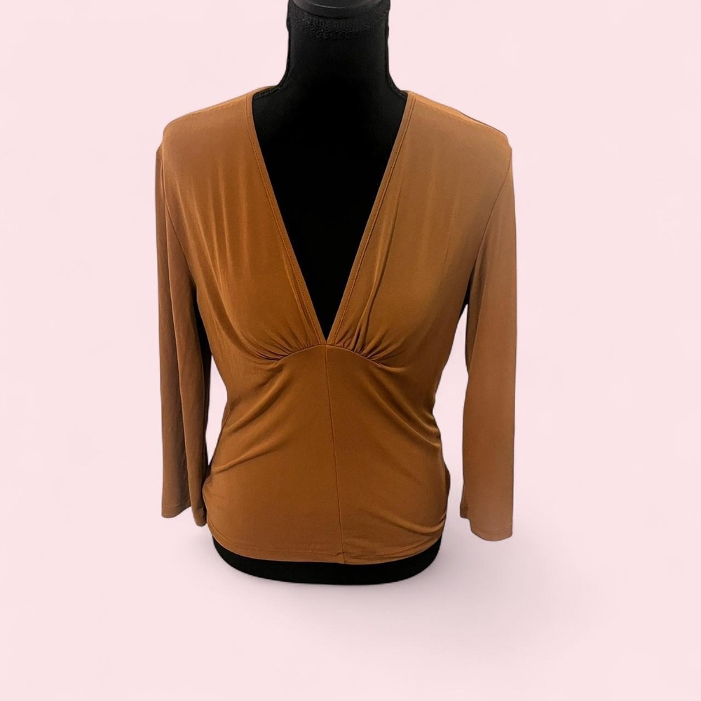 Vixen Brown Long Sleeve V Neck Top Enhanced Bust Y2K Golden Tan Medium